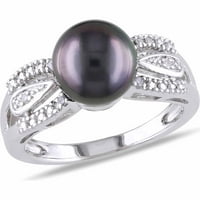 Crni okrugli tahićanski biser i dijamantski naglasak Sterling Silver koktel prsten
