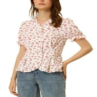 Unique Bargains ženska cvjetna košulja sa dugmetom na volanima Puff bluza