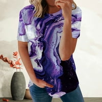 Ženski ukrasni mramorni print Tine dye kratki rukav Crewneck Mekani kombinirani tunički bluza 3D ispis Grafički teženi vrhovi popust Purple s
