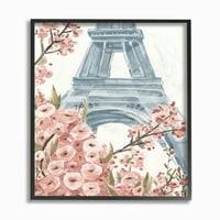 Stupell Industries Paris Flowers Eiffelov toranj ružičasto plava akvarelna slika uramljena zidna Umjetnost