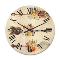 Designart 'Flowers and Ethnic Feathers On Native Arrows II' Bohemian & Eclectic Wood Wall Clock