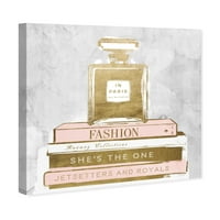 Runway Avenue Fashion and Glam Wall Art Canvas Prints 'Perfume and Books Gray' Perfumes - Gold, Pink